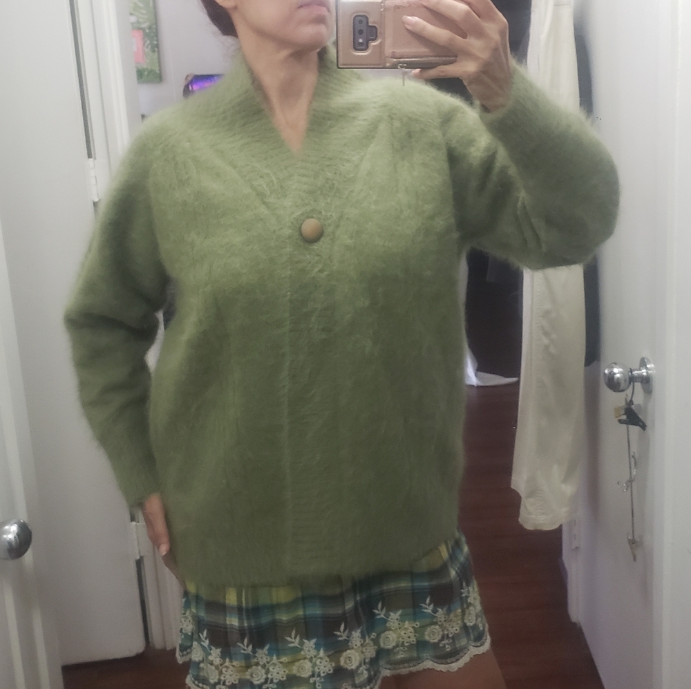 NEW Vtg 80s Lee Sands fuzzy Rabbit Hair Blend Green One Button Cardigan Boxy fit